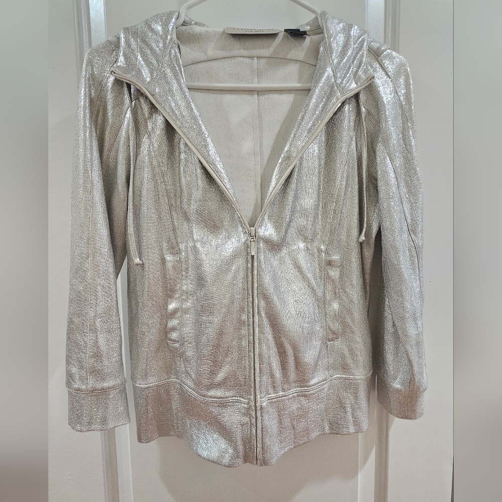 Silver Metallic Zip-Front Bomber Jacket with Hood